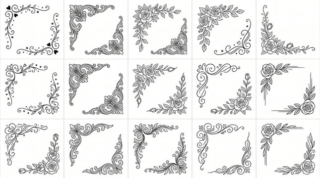 Set of decorative black line corner ornaments featuring vintage floral roses baroque acanthus swirls and filigree flourishes on white background for invitation frame and page border embellishments
