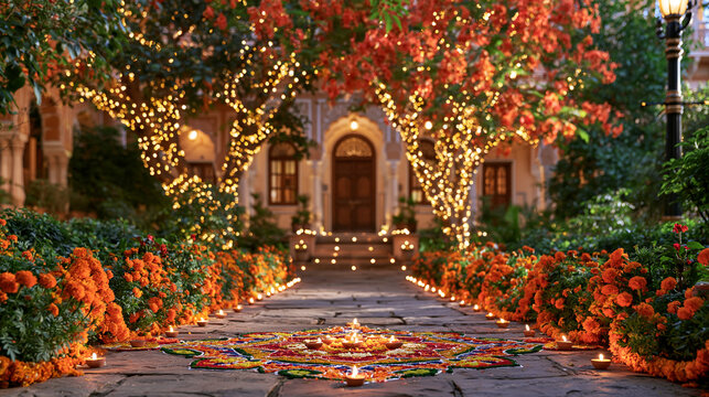 Vibrant Diwali celebration in a traditional Indian courtyard decorated with glowing diyas, colorful rangoli patterns, marigold garlands and warm golden string lights, elegant festive atmosphere, ric