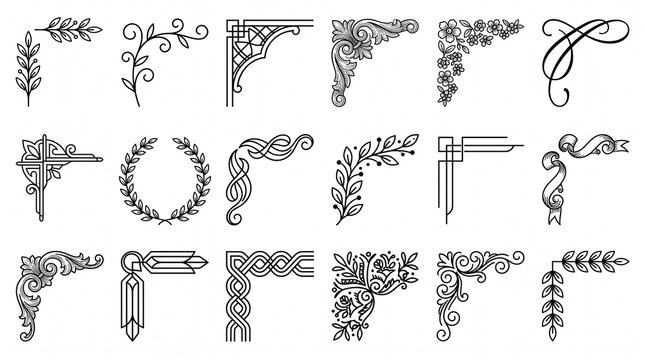 Set of eighteen vintage black line corner ornaments with floral flourishes decorative borders geometric art deco scrollwork and elegant vignette elements for invitation framing and page borders