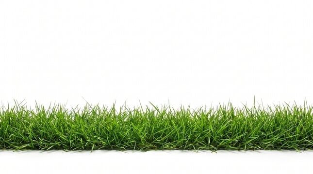 Fresh green grass border on isolated white background for eco friendly landscaping and nature design overlay