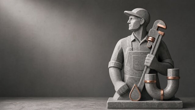 Polished bronze marble plumber figure with monkey wrench pipe copper fitting and basin wrench on muted service studio backdrop