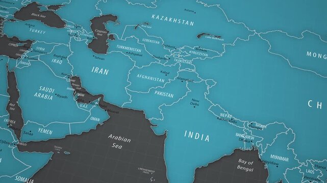 Animated political map showing Pakistan in South Asia with smooth camera movement. Detailed geographic view with national borders, neighboring countries, capital and surrounding regions.