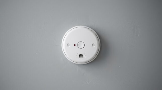 A close up view of a white smoke detector mounted on a plain grey wall showcasing its circular shape and safety features in a minimalist interior setting with soft lighting