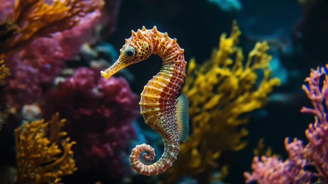 Seahorse glides through coral in an aquarium filled with various types of marine plants and fish in the afternoon light