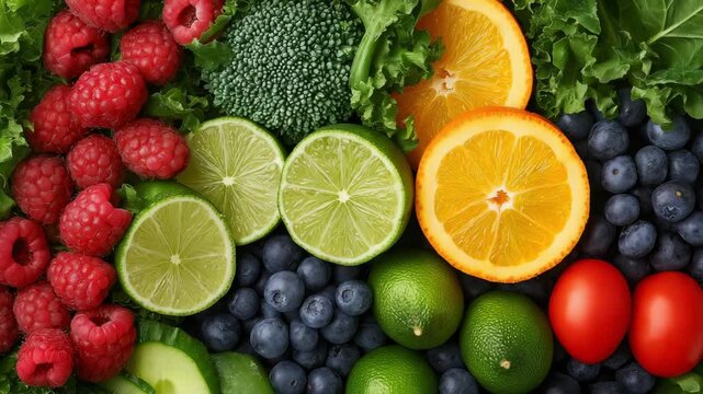 Different kinds of fruits and vegetables are arranged on a table ready for meal preparation and health focused cooking