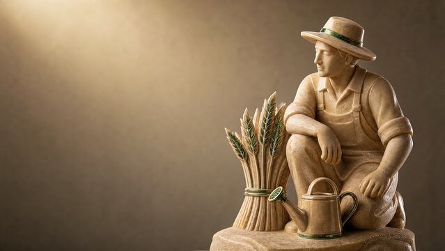 Polished amber marble farmer figure with straw hat pitchfork grain sack and apple on warm autumn field studio backdrop
