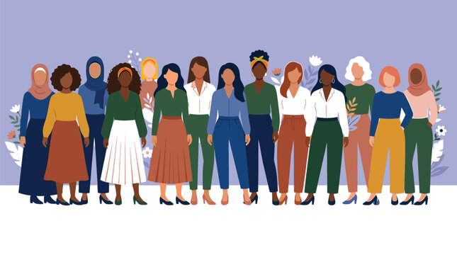 Diverse group of women standing together in stylish modern outfits representing female empowerment, equality, community, inclusivity and global friendship unity