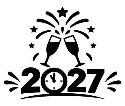 New year 2027 celebration vector with champagne glasses and clock