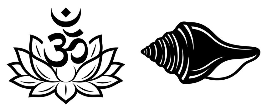 Hindu Om symbol on lotus flower with conch shell vector design