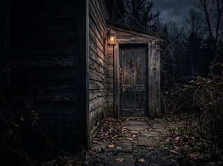 Fototapeta premium Creepy vintage wooden door with lantern in a dark forest at Halloween night