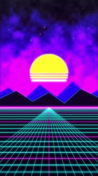 Retro wave digital landscape with neon grid road, sun and mountains, vaporwave aesthetic, synthwave music loop