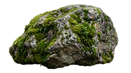 Large moss covered rock isolated on white background with green moss and ferns © Romeryo