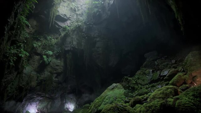 Light Filtering Through Mossy Cave Ceiling Illuminating Rocky Terrain and Ferns in Cinematic Natural Environment