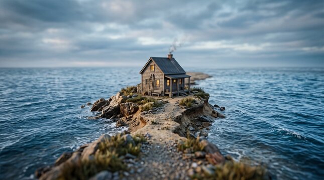 Small wooden coastal house with dark roof and chimney on a rocky narrow strip of land surrounded by blue ocean, isolated seaside dwelling. Global warming and sea level rise concept
