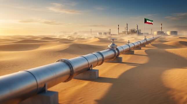 Crude oil pipeline crossing sunlit desert dunes toward an industrial refinery, with storage tanks and Kuwait flag, wide landscape view. Energy security and global supply risk concept