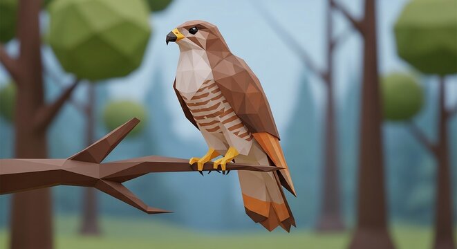 Low Poly 3D Rendered Falcon Perched on a Tree Branch
