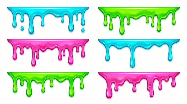 Set of colorful dripping slime borders and edges featuring glossy liquid paint splashes and melting goo drips on a white background for Halloween party decorations, banners, frames, and dividers