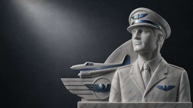 Polished sky blue marble pilot figure with captain hat suitcase compass and aircraft on cool aviation studio backdrop