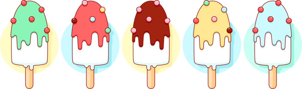 Ice cream scoop, popsicle set. Vanilla ice cream scoop, waffle cone, fruit popsicle color set. Delicious ice cream collection. Tasty summer dessert, icon set, menu, food design. Vector Illustration