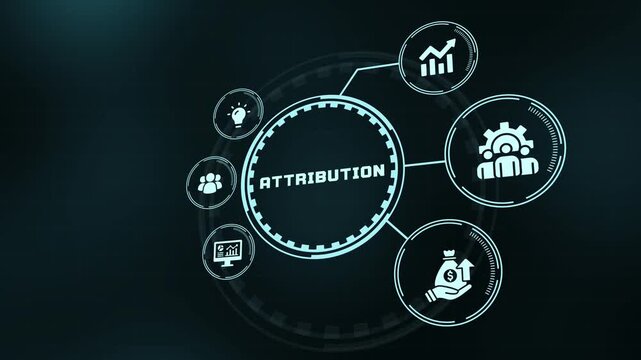 Marketing attribution concept displaying business performance icons on futuristic digital interface.