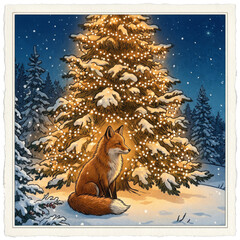 Obraz premium illustration of a red fox sitting in the snow beneath a large, illuminated Christmas tree in a forest setting.