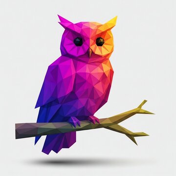 Colorful Geometric Low Poly Owl Illustration on Branch