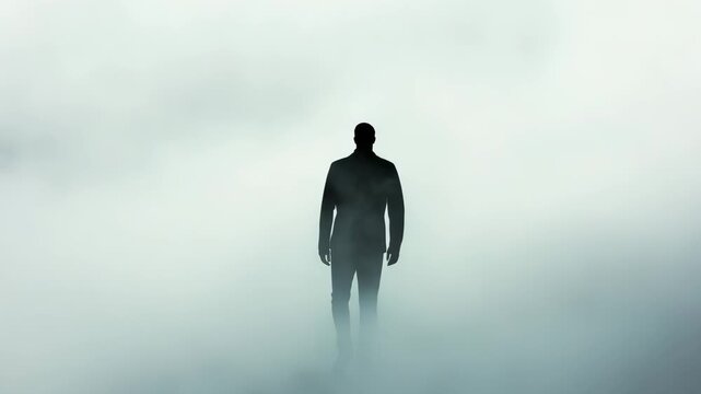 A figure appears to be standing in thick fog, creating a sense of mystery and solitude on a calm morning
