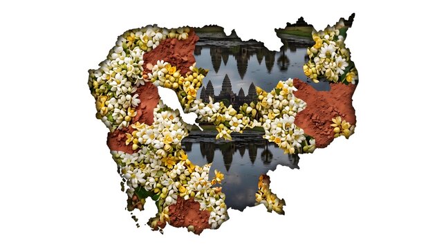 Cambodia Map Silhouette with Angkor Wat Temple Reflection and National Romduol Flowers