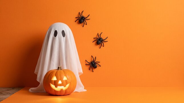 Minimalist Halloween ghost with glowing jack-o-lantern, spooky white sheet phantom and black spiders, festive orange background with copy space