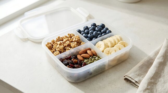 Healthy breakfast meal prep container with fresh blueberries granola nuts and seeds for a diet snack. portable power snacks