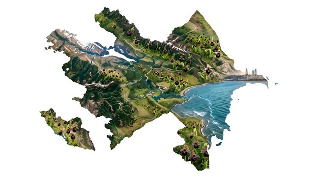 Map Silhouette of Azerbaijan Filled with Caucasus Mountains Caspian Sea and Khari Bulbul Flowers