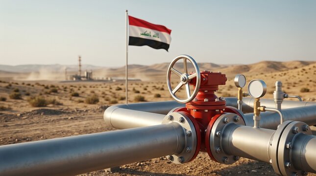 Crude oil pipeline valves with handwheel, gauges and Iraqi flag across an arid desert landscape, outdoor petroleum infrastructure. Energy security and global supply risk concept