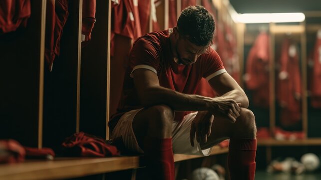 Male athlete in red sportswear sitting on wooden bench in locker room looking down reflecting with equipment around