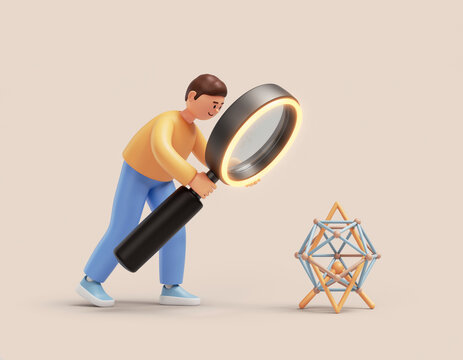 Man Examining Geometric Structure with Giant Magnifying Glass