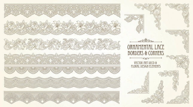 Set of decorative vintage lace borders and corner ornaments featuring floral rose lily motifs, baroque filigree swirls, and art deco vignette line elements for invitation frame embellishments