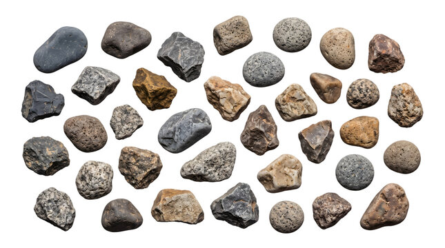Collection of various natural stones and pebbles on a white background