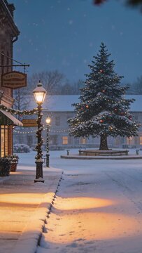Vertical video: Falling snow causing lit tree getting snow and lights glowing by plaza lamps