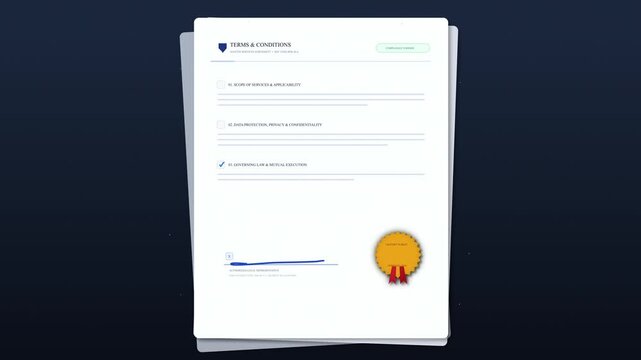 Animated document with seal, representing contract, agreement, certification, or official paperwork, motion graphic loop