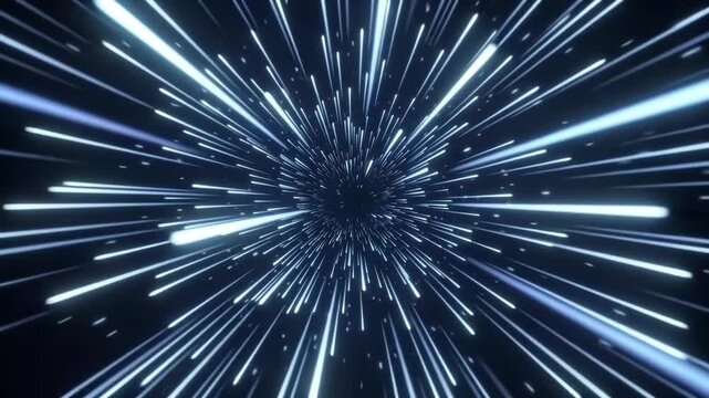 Blue and white light streaks racing through a dark warp tunnel, a fast hyperspace travel effect for sci-fi, tech and speed concepts.
