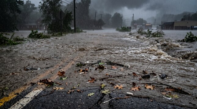 Flooded road under heavy rain with flowing water, fallen leaves, debris, utility poles, trees, and buildings in a storm drenched urban area. Climate risk, flash flood and extreme weather concept