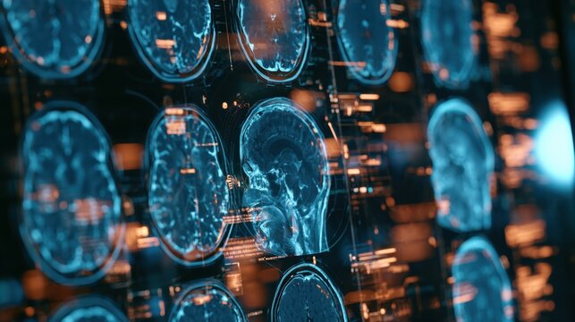 Series of detailed brain scan images showing cross-sectional views highlighting internal brain structure for medical analysis and diagnosis