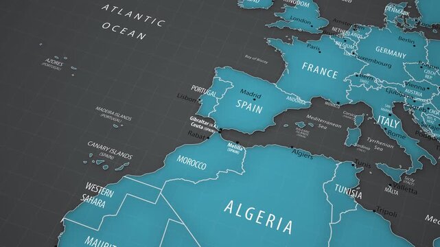 Animated political map showing Portugal in southwestern Europe with smooth camera movement. Detailed geographic view with national borders, neighboring countries, cities, islands and surrounding seas.
