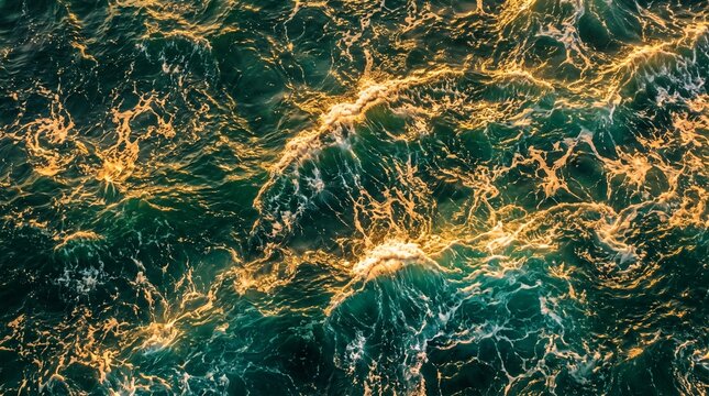 Deep dark tropical ocean storm waves golden sunlight foam fluid texture strict top down background