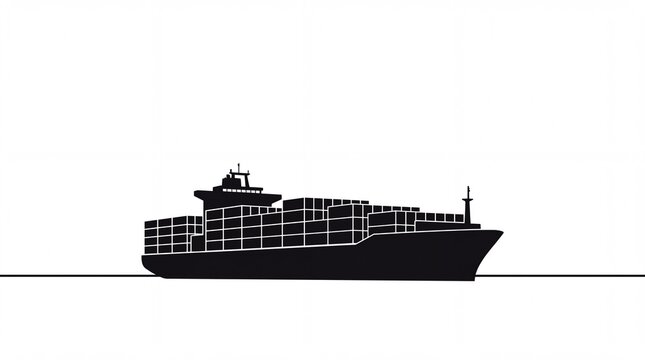 Black silhouette of a large container ship sailing on a calm horizontal horizon line with dark solid silhouette cargo vessel loaded containers moves across flat horizontal plane transportation ocean