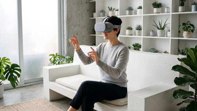 Woman actively engaging with immersive virtual reality technology in a modern, plant-filled home environment