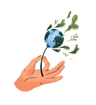 Concept of caring for ecology and environment. Hand holding Earth globe like a blowball flower for stem. Saving nature. Environmental protection. Flat isolated drawing vector illustration on white