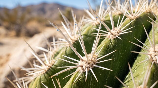 Green Cactus Surface Sharp White Spines Water Droplets Tips Soft Fuzz Spine Cluster Blurred Desert Macro Plant Adaptation