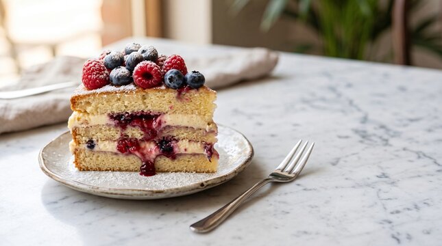 Layered Sponge Cake Slice Fresh Raspberries Blueberries Powdered Sugar Cream Oozing Silver Fork Marble Plate Macro Patisserie Dessert