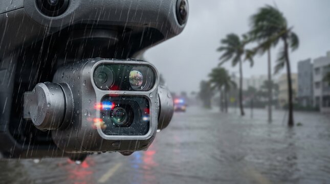 Rain droplets on drone camera overlooking flooded palm lined street during severe coastal rain. Emergency technology, disaster response and humanitarian supply chain concept