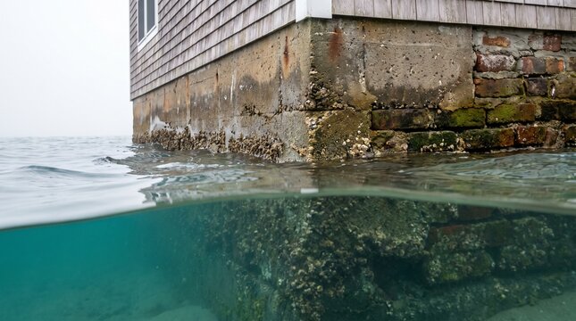Coastal house foundation partially submerged in seawater, split level view. Global warming and sea level rise concept